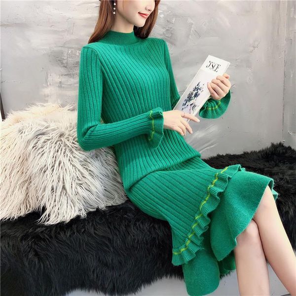

casual dresses women knitted autumn winter warm long sleeve half turtleneck sweater slim ruffle pull knit dress vestidos, Black;gray