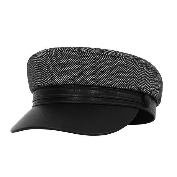 

wide brim hats fashion pu leather military hat autumn sailor for women men black grey flat female travel cadet captain cap, Blue;gray