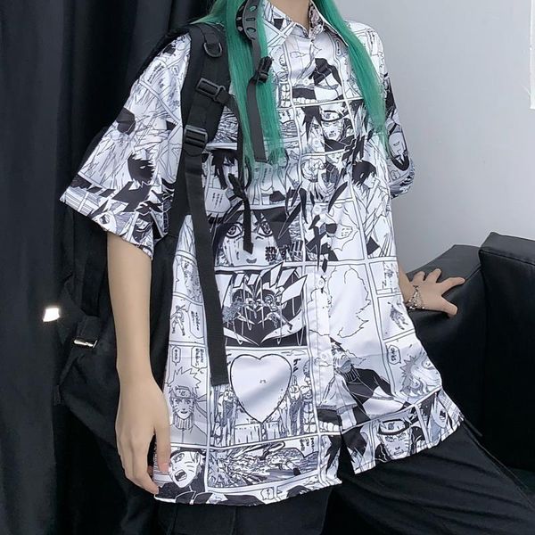 

anime naruto manga print summer women button up short shirt short sleeve harajuku streetwear clothes blouse graphic cardigan, White