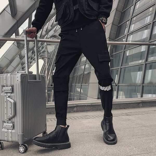 

new spring 2021 side pocket decoration black male pants streetwear hip hop fine casual joggers ankle length throughout game 34 m62m