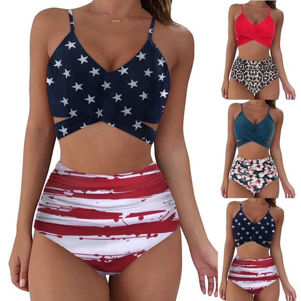 

women's swimwear women soild print bikini set push up bathing high waist swimsuit summer suit beachwear, White;black