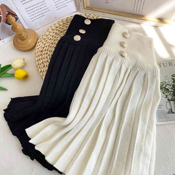 

chic skirt woman korean spring ins fashion high-waist double-breast solid all-match knit a-line pleated skirts, Black