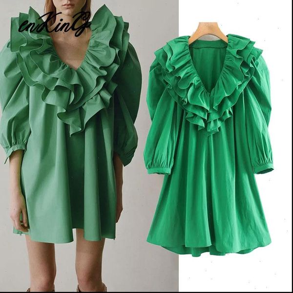

2021 england high street vintage cascading puff sleeve green poplin za dress women vestidos de fiesta de noche vestidos, Black;gray