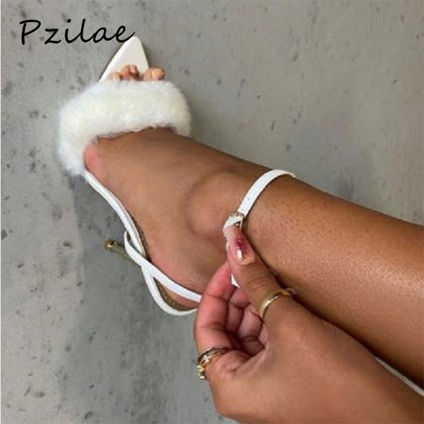 

sandals pzilae 11cm heels summer shoes women stiletto sandalen open toe fluff metal high ankle strap feather size 42, Black