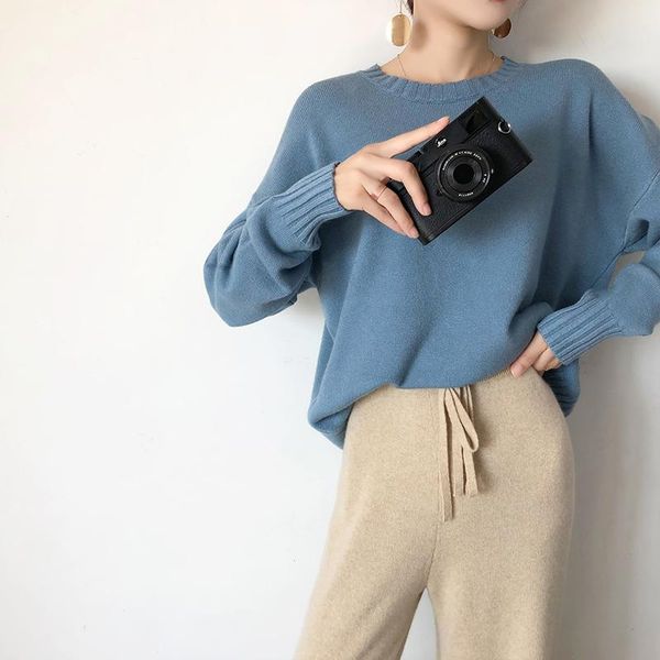 

women's sweaters lhzsyy 2021 autumn knitted round neck sweater wild long-sleeved solid color large size pullover warm bottoming shirt, White;black