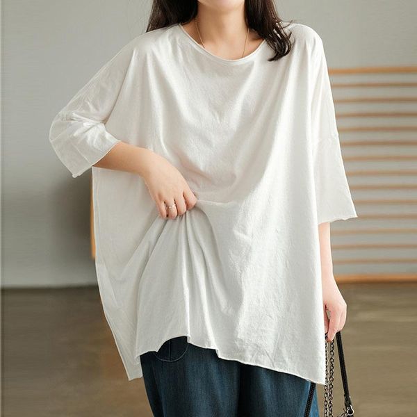 

women's t-shirt nini wonderland 2021 summer cotton simple split vintage t shirts women short sleeve loose casual big size tees mori gi, White