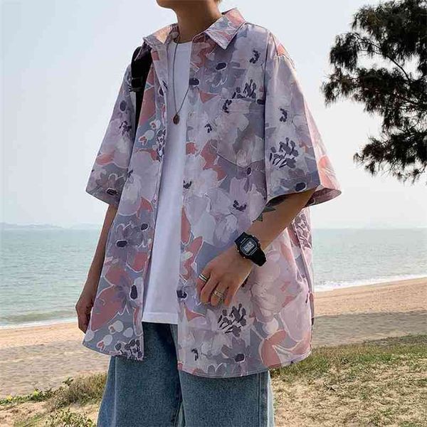 

brand shirt men's couple's hawaiian flower short sleeve coat fashion korean summer quarter harajuku shirts for men 210721, White;black