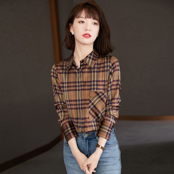 

woman plaid blouses woman's pocket vintage long sleeve 2021 spring plus size women's clothes nnhs, Black