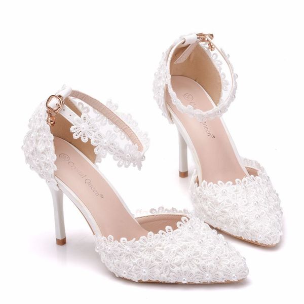 Жемчужные белые кружевные свадебные туфли с тонкой заостренной невесты платье обувь Высокая 9 см Двух типом Женская обувь Насосы Party