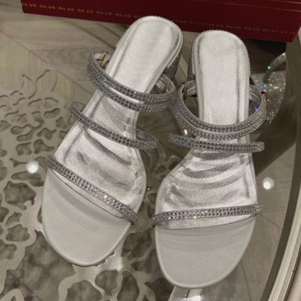 

sandals crystal women ladies square heels elegant summer slippers outside leather female shoes 2021 fashion woman, Black