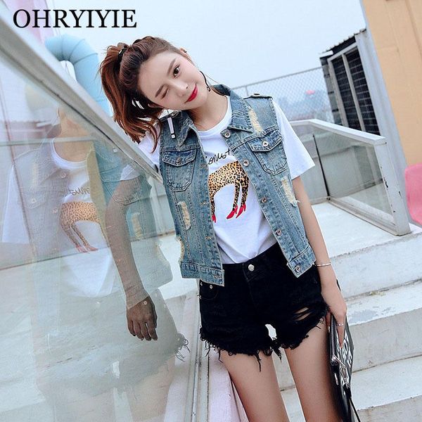 

women's vests ohryiyie women denim vest wardrobe waistcoat 2021 spring summer hole sleeveless jackets lady outwear coats colete feminin, Black;white