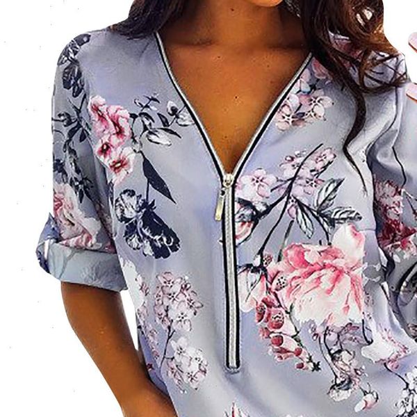 

womens fashion short sleeve v neck floral print zip v neck sale womens solid blusas mujer de moda 2021, White