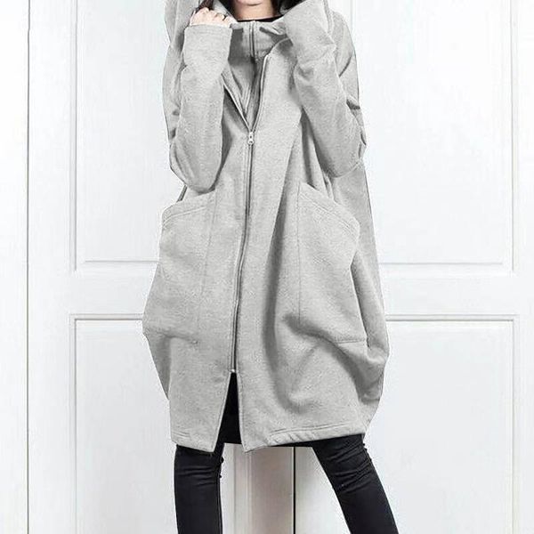 

women's hoodies & sweatshirts women casual fashion oversized sweatshirt fall winter solid loose long jackets hooded pocket zipper ladie, Black