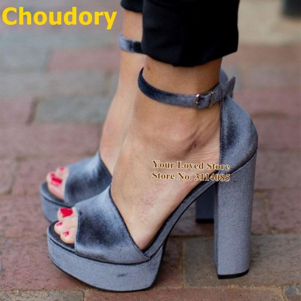 

sandals choudory grey velvet chunky heel platform buckle strap open toe gladiator dress shoes luxury nightclub women, Black
