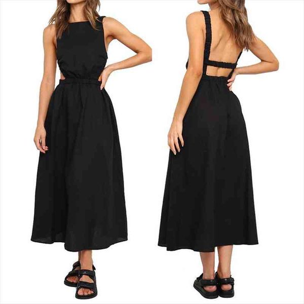 

summer sleeveless backless women dresses o neck slim elastic waist long dress fashion solid hollow out design a line, Black;gray