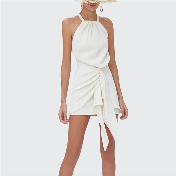 

casual dresses draped summer bandage dress white backless sleeveless sheath runway party clothes halter patchwork ruched women outfits, Black;gray