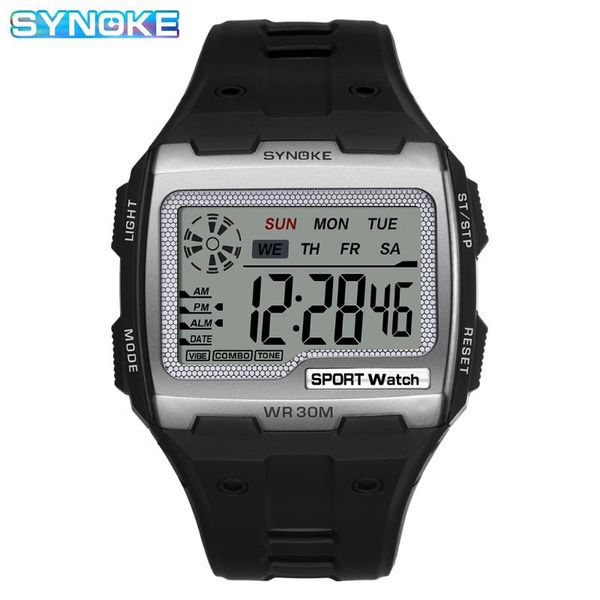 

wristwatches synoke retro digital watches men brand square electronic wristwatch waterproof big dial men's sport watch clock, Slivery;brown