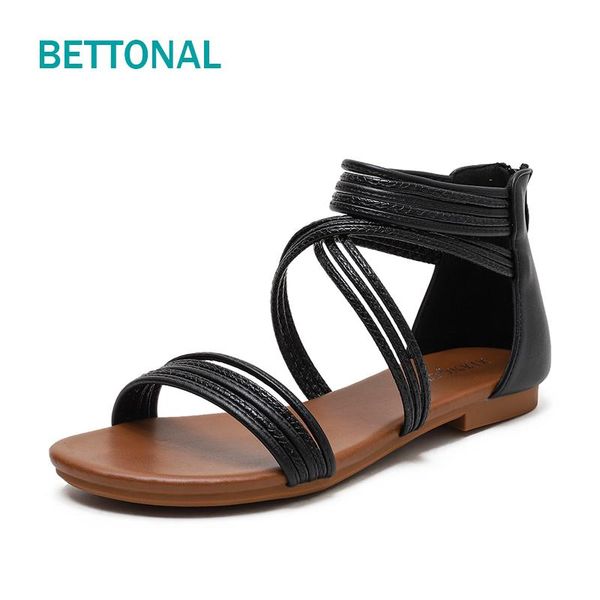 

sandals bettonal summer bohemia women shoes woman fashion casual beach gladiator rome flat ladies sandles sandalias back zipper, Black