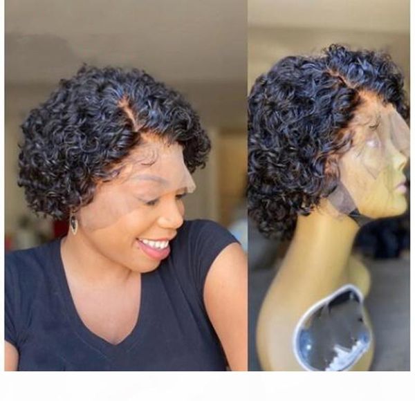 

pixie cut lace wig preplucked bob lace front wigs short curly lace front human hair wigs glueless 4x4 closure wigs, Black;brown