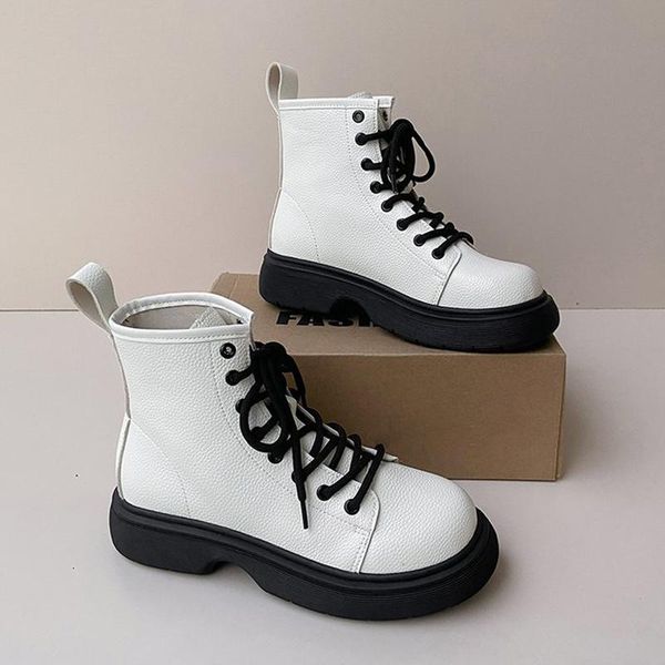 

boots 2021 women pu leather round toe lace up ankle punk thick bottom motorcycle female autumn winter shoes lady booties, Black