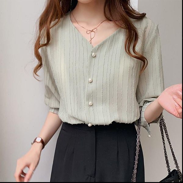 

female casual v collar summer blouse 2021 fashion summer womens chiffon blouses drop shipping good quality, White