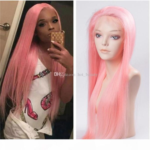 

baby pink human hair lace front wig for women medium length middle part wavy bob cut wig human hair pink full lace wig, Black;brown