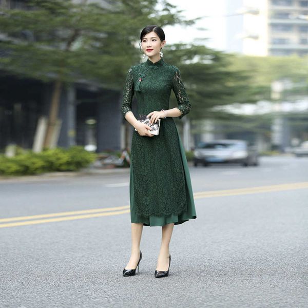 

casual dresses improved cheongsams vintage chinese lace buckle seam long dripping dress retro bodycon rents qipao qnnn, Black;gray