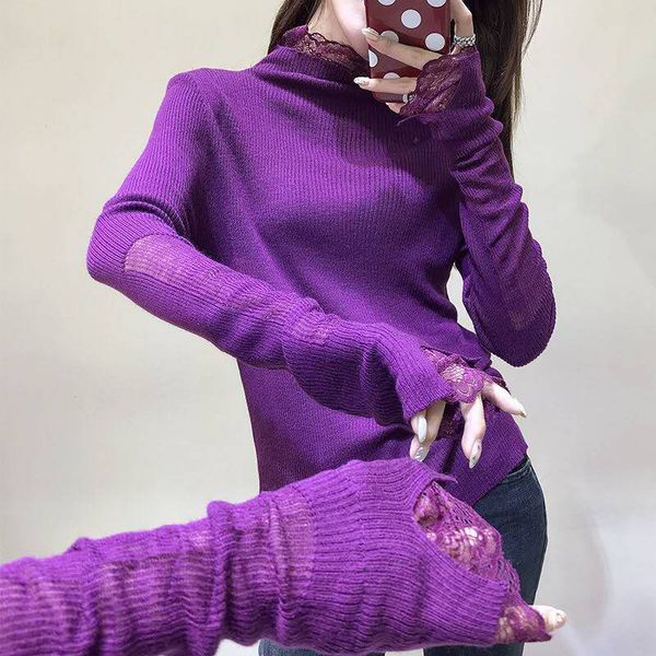 

spring womens t-shirt fashion half turtleneck lace collar lace cuff full color long sleeve pullovers knitted shirt female, White