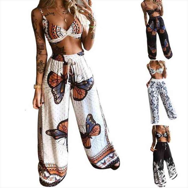 

casual two piece clothes set womenpant butterfly printed streetwear boho holiday sling sleeveless crop loose wide leg long pants, White