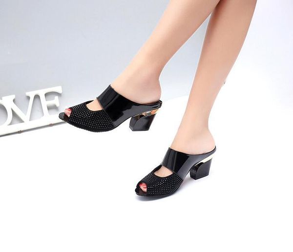

women sandals square heel 2021 summer shoes woman fashion slides cut-out open toe slip on mothers sandals female bling slippers, Black
