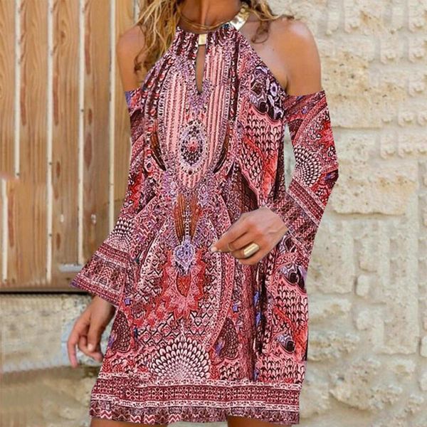 

casual dresses bohemian women summer dress ethnic style printed metal halter print cold shoulder sundress long sleeve sukienka, Black;gray