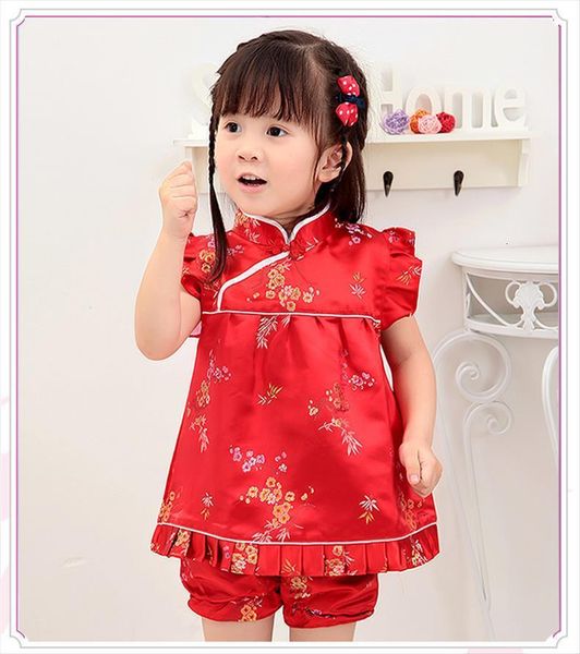 

childrens cheongsam set baby girl tang suits summer sleeveless shorts children birthday dress chinese style, White