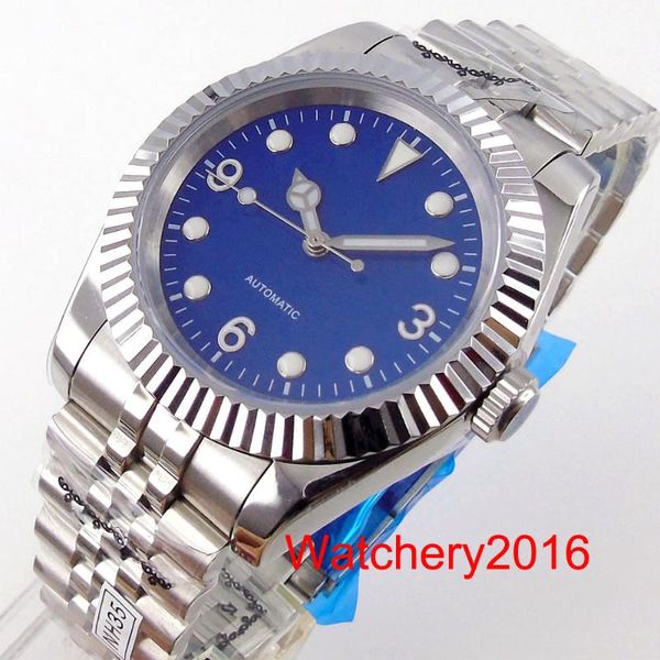 

wristwatches bliger 36mm 39mm nh35a automatic men's watch blue dial sapphire glass fluted bezel jubilee strap, Slivery;brown