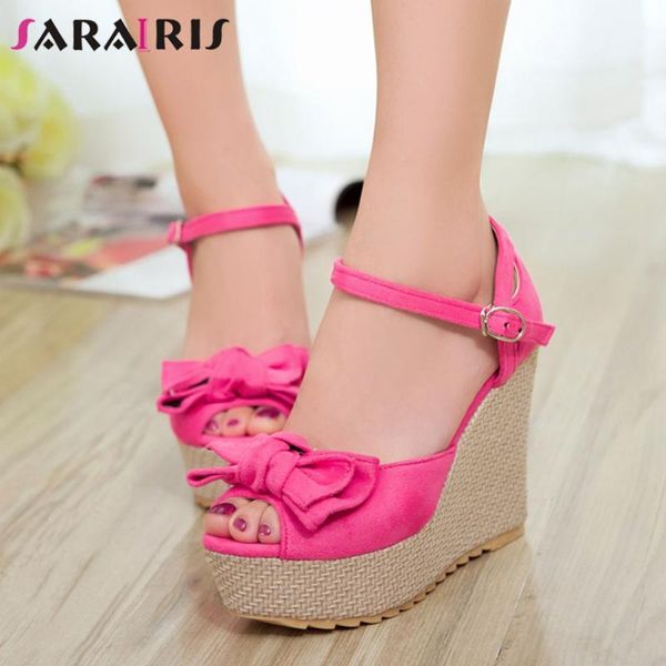 

sandals sarairis solid buckle peep toe platform women high wedges casual butterfly knot sheos woman shoes, Black