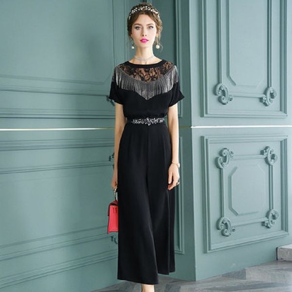 

2021 new summer lace high waist women's retro-fashionable overalls crochet cut-neck loose leg looser casual pants xxl 4sxi, Black;gray