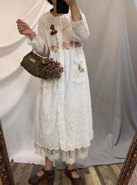 

casual dresses woman sweet fall 2021 japanese embroidered collar lace long sleeve dress, Black;gray