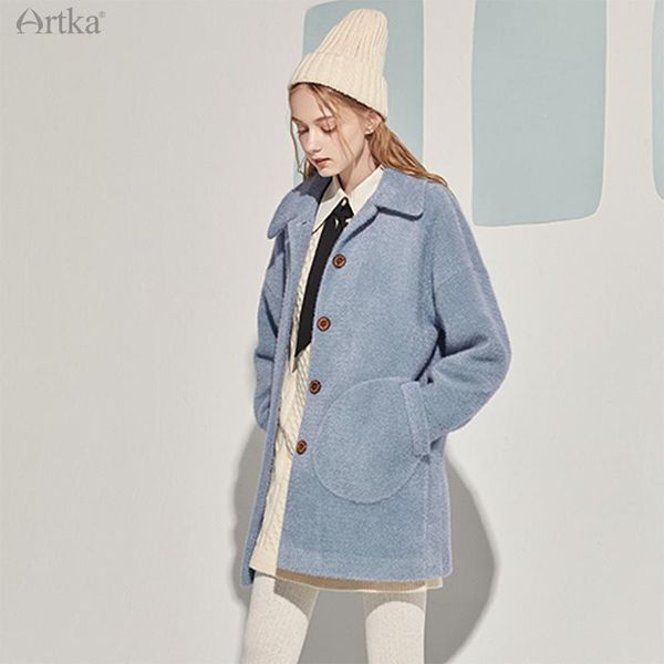 

artka 2021 winter new women woolen coat elegant blue single-breasted long woolen coat long sleeve loose outerwear women wa20305q, Black