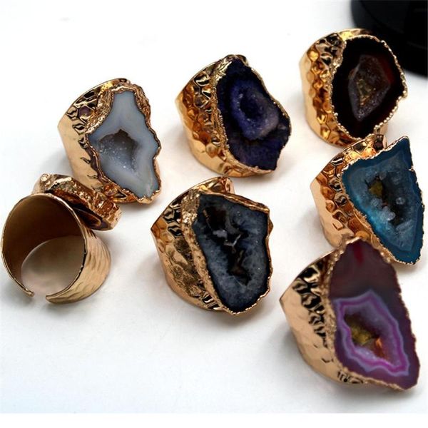 

cluster rings wholesale 6pc/lot natural stone agates crystal dazzling color plating gold wide irregular ring, Golden;silver