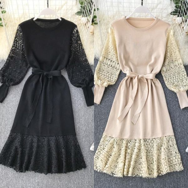 

casual dresses autumn 2021 sweet cute ladies holiday dress hollow lace round neck leaf hem maid qv1523, Black;gray