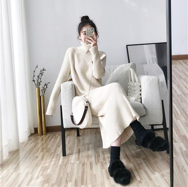 

2021 autumn and winter new loose high collar with coat mid-length over-the-knee pullover sweater knitted dress women, Black;gray