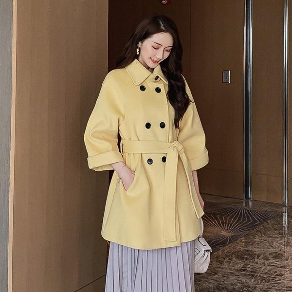 

women's wool & blends fashion casual double breasted sashes woolen coat insta-famous elegant female, Black