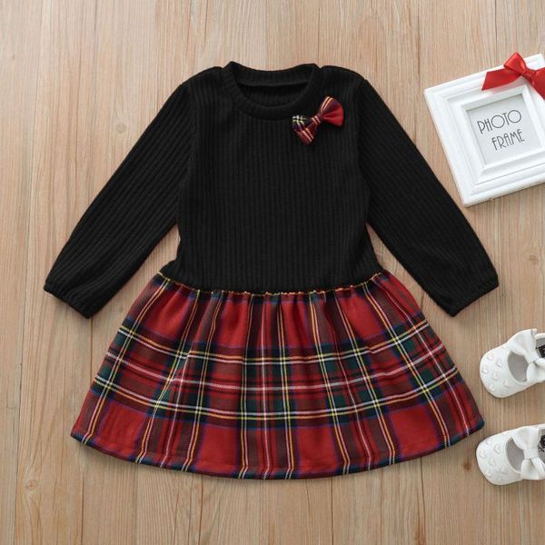

girl's dresses baby clothes toddler kids for girls knitted plaid bowknot princess party dress cutelong sleeve girl outfits 18m-6y, Red;yellow
