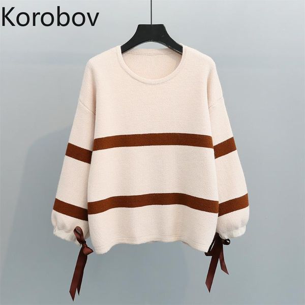 

women's sweaters korobov female o neck pullover sweater striped long sleeve lacing bow women preppy style knitted sueter mujer 78715, White;black