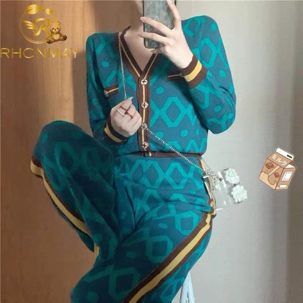 

women's two piece pants vintage sweater 2 set women cardigan sweaters knit + high waist wide-leg casual oversized trousers suits, White