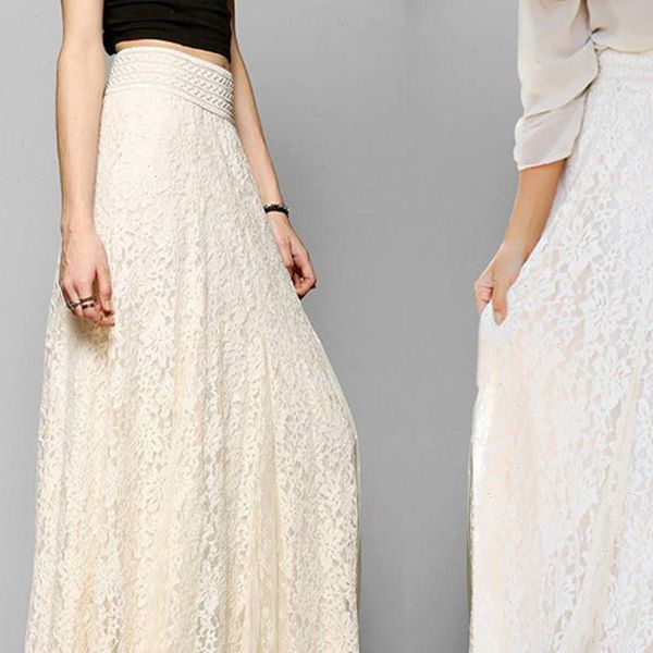 

women lace maxi skirt elastic waist skirt double layer pleated long white skirt mujer moda w30, Black