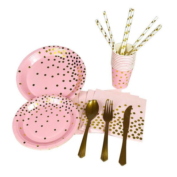 

disposable dinnerware pink bronzing gold dot birthday party decoration tableware set wedding paper cup plate supplies