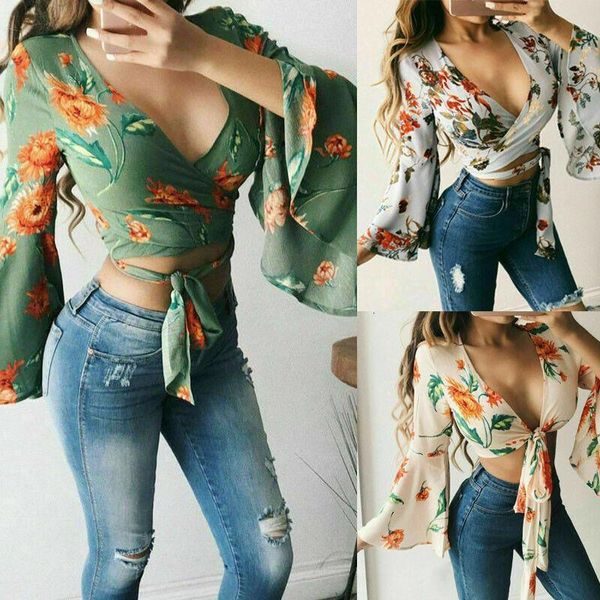 

women v neck shirts printed tie up knot front lady cropped flutter sleeve belly bolero shrug crop v neck blouses top, White