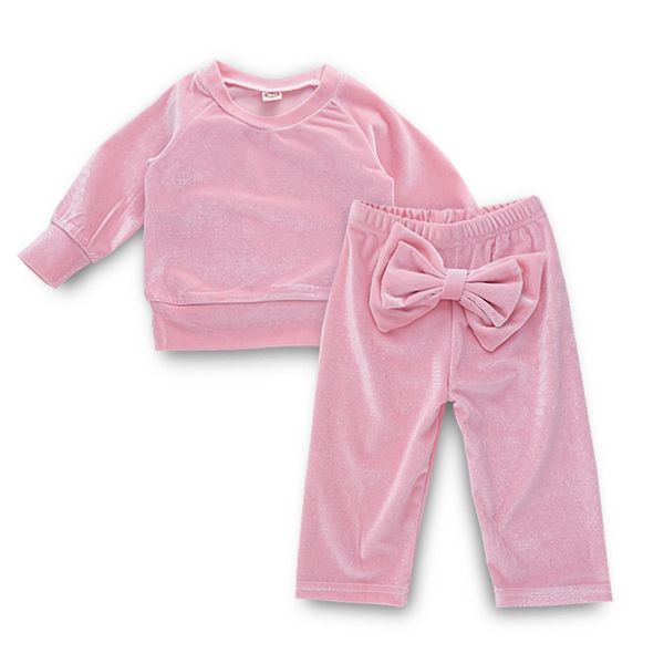 2021 Neonate Set di vestiti Primavera Autunno Moda Bambini Abiti Tessuto confortevole Colore puro Rosa Tenero Bowknot Abito a maniche lunghe Abbigliamento per bambini