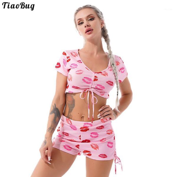 

yoga outfit tiaobug summer 2pcs women printed sport suit v neck short sleeves drawstring cropped and side shorts set