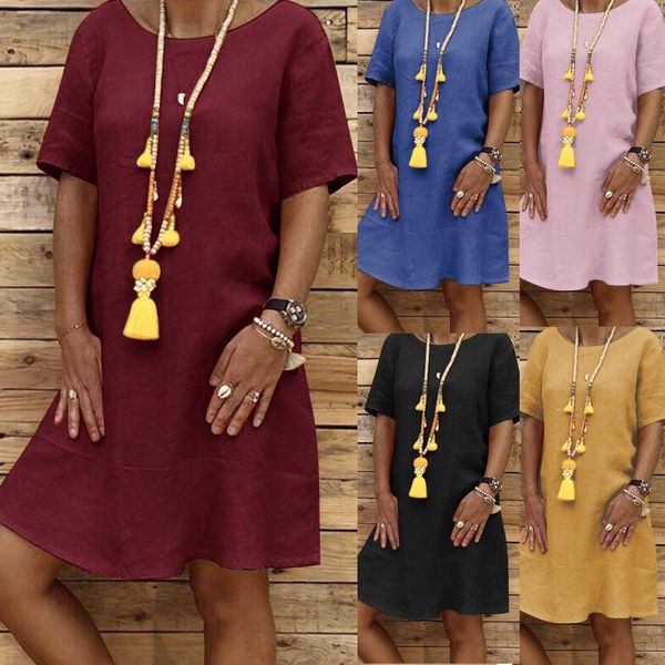 

skirts plus size vintage casual dress womens fashion pure color round neck short sleeve loose summer 2021, Black